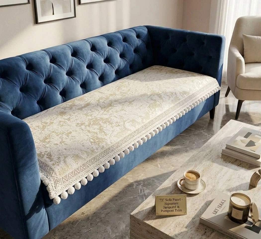 Luxury Woven Chenille Sofa Panel with Embroidered Lace & Pompom Trim (73